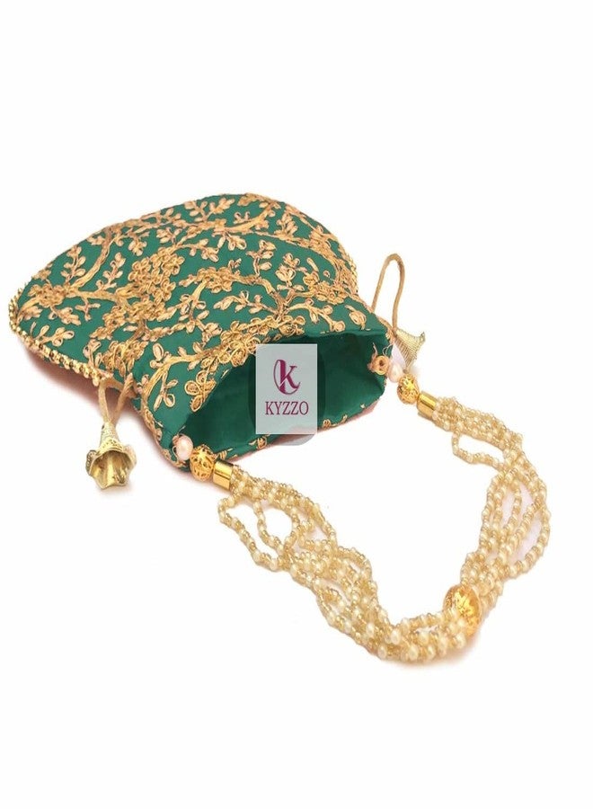 KYZZO Rajasthani Style Royal Clutch Silk Batwa Bag Wristlets Ethnic Potli For Women's Zari Work Potli Bridal Potli, Rama Green - Image 2